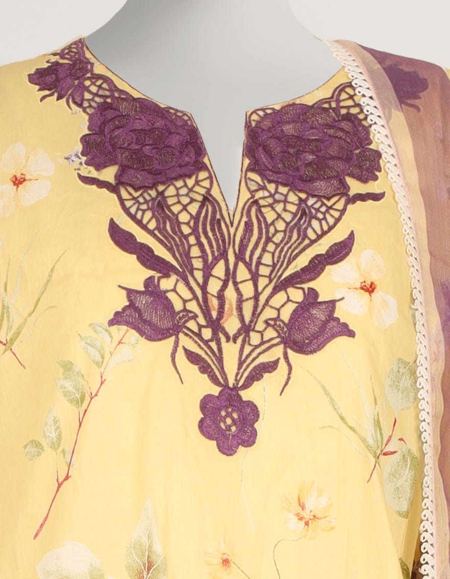YELLOW LAWN EMBROIDERED STITCHED 3PC