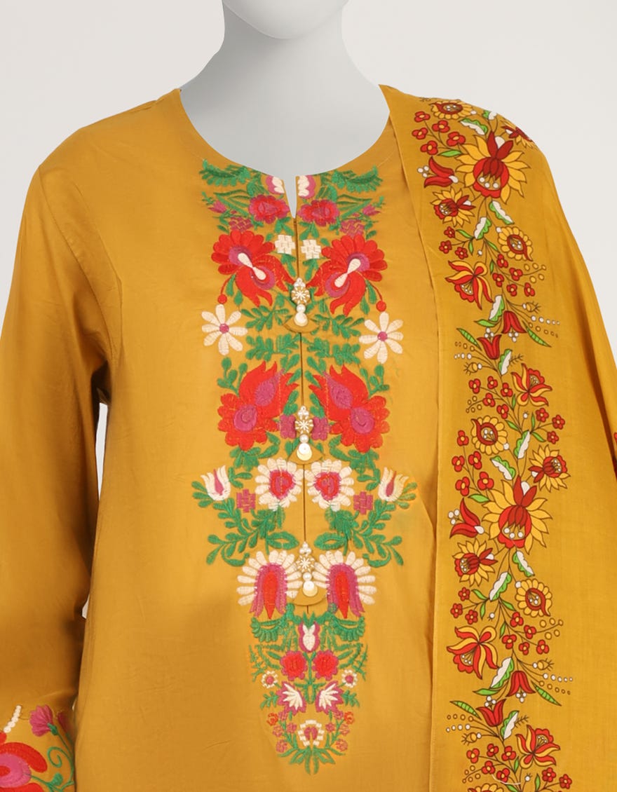 MUSTARD LAWN EMBROIDERED STITCHED 3PC