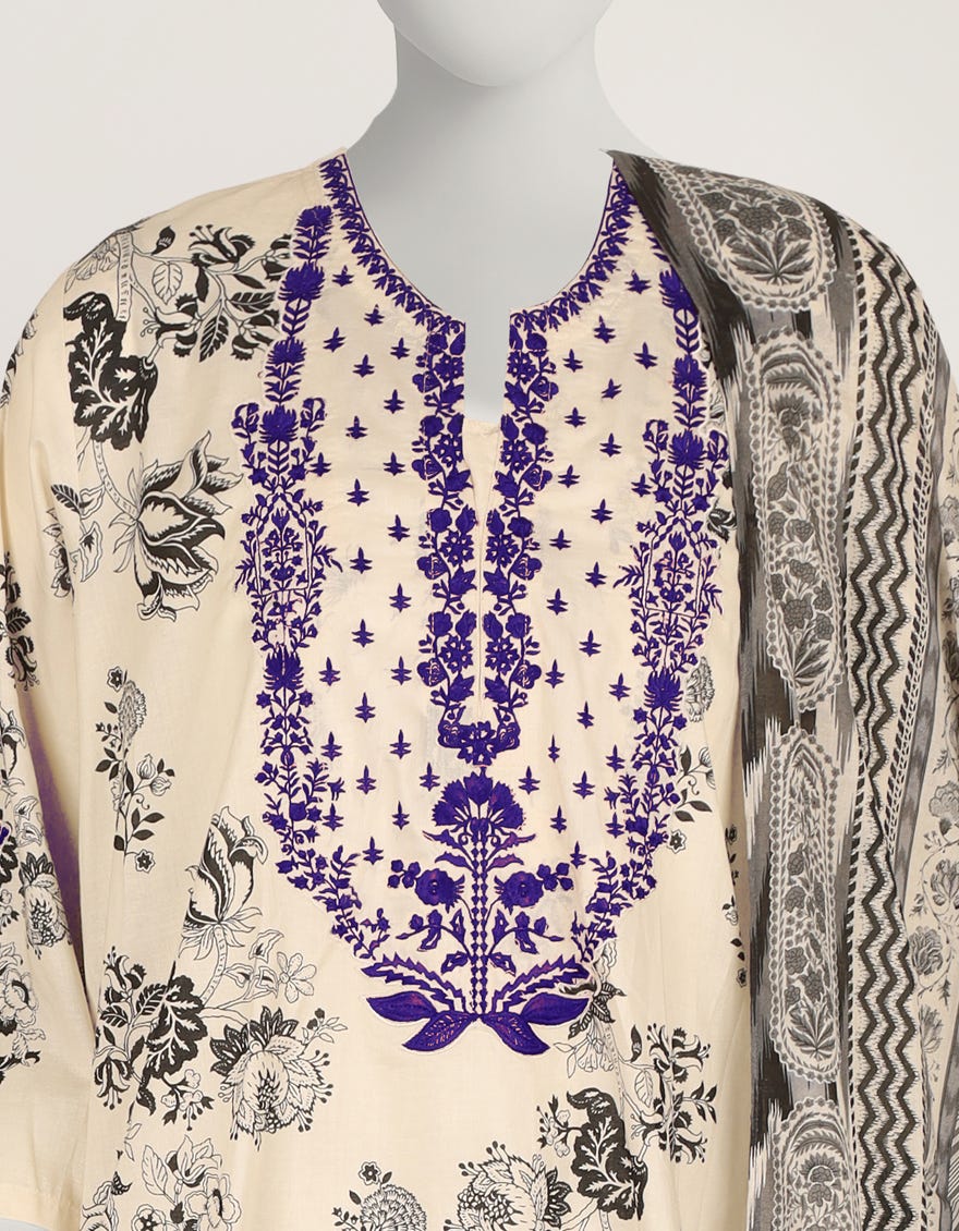 BEIGE LAWN EMBROIDERED STITCHED 3PC