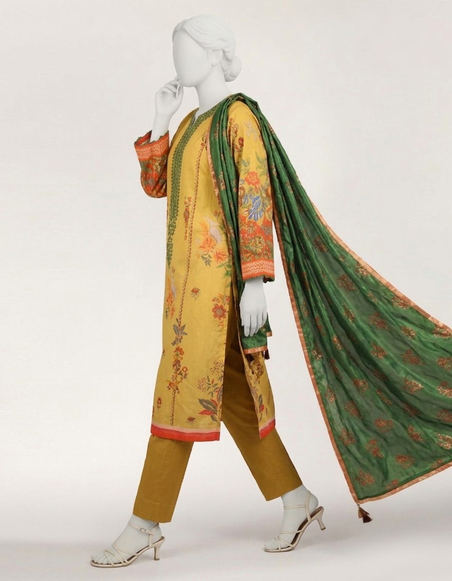 YELLOW LAWN EMBROIDERED STITCHED 3PC