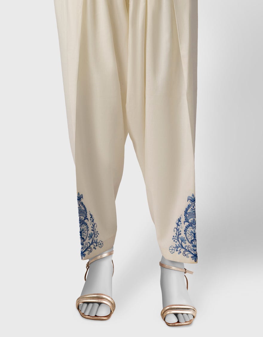 OFF WHITE LAWN EMBROIDERED SHALWAR