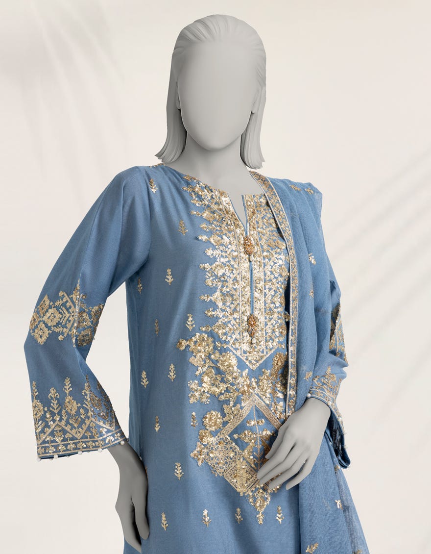 BLUE EMBROIDERED COTTON NET 3PC STITCHED