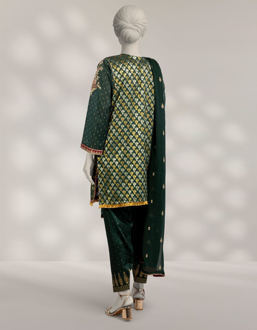 GREEN JACQUARD EMBROIDERED 3PC STITCHED
