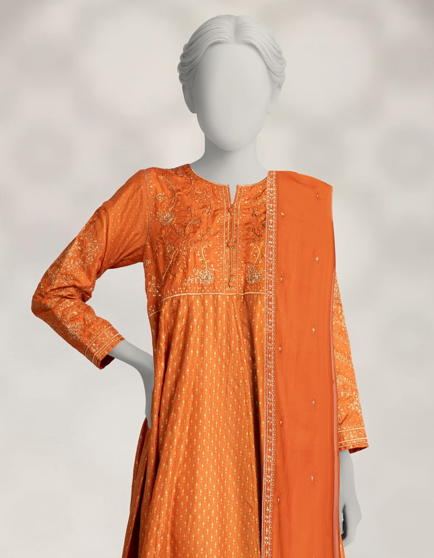 RUST RAW SILK EMBROIDERED 3PC STITCHED
