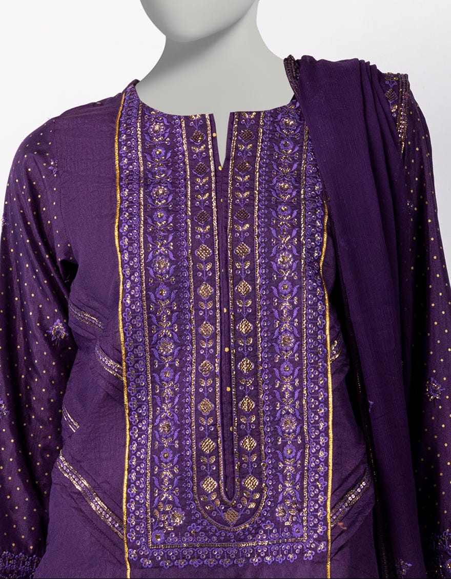 PURPLE RAW SILK EMBROIDERED 3PC STITCHED