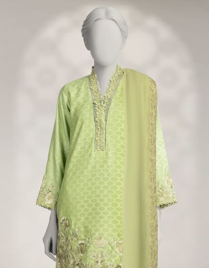 GREEN JACQUARD EMBROIDERED 3PC STITCHED