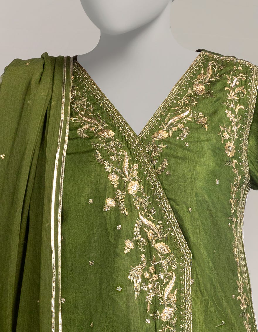 MEHNDI RAW SILK EMBROIDERED 3PC STITCHED
