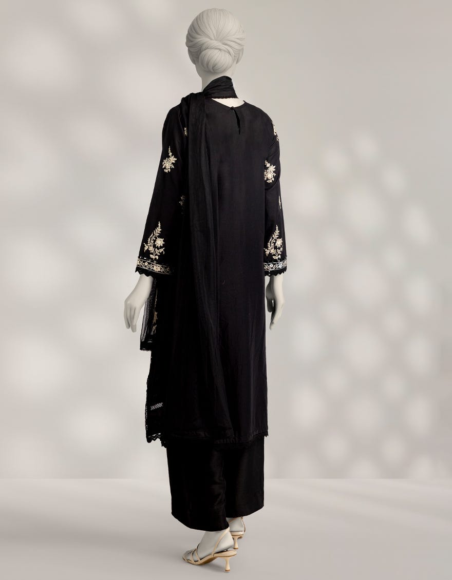 BLACK RAW SILK EMBROIDERED 3PC STITCHED
