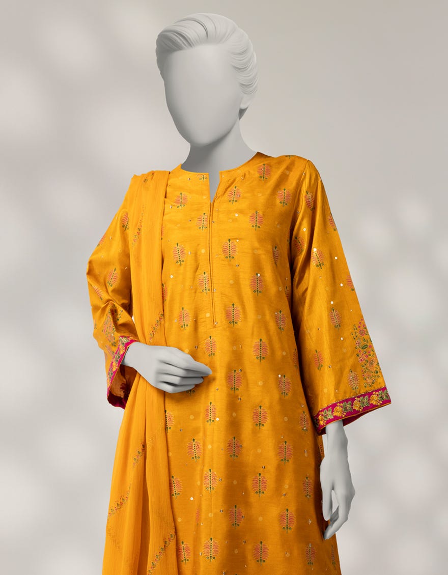 OCHER RAW SILK EMBROIDERED 3PC STITCHED
