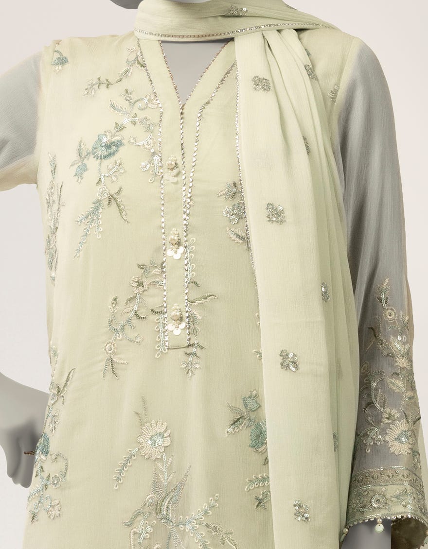 BLUE IMPURE CHIFFON EMBROIDERED STITCHED 3PC