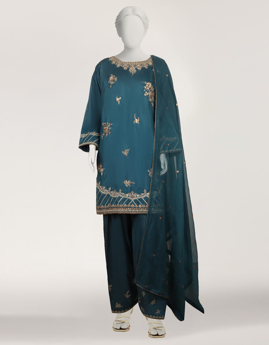 BLUE RAW SILK EMBROIDERED STITCHED 3PC