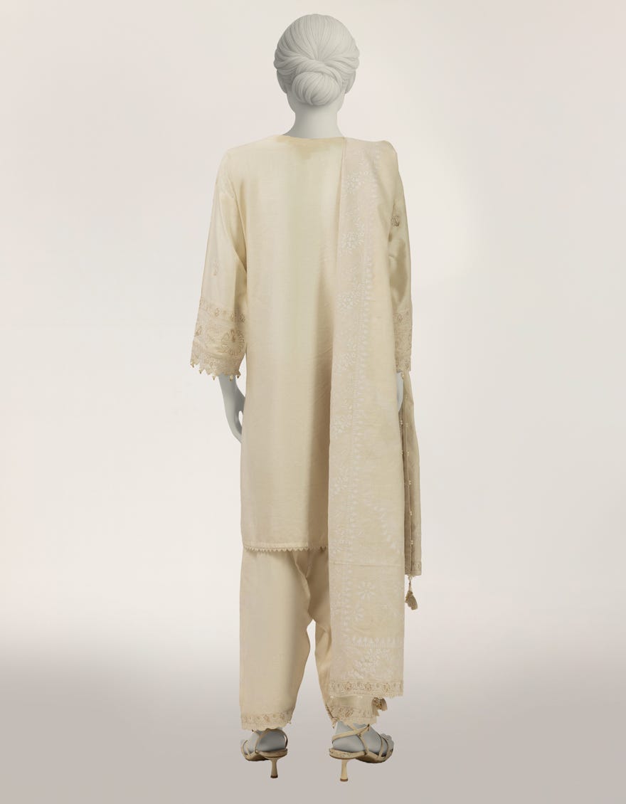 WHITE RAW SILK EMBROIDERED STITCHED 3PC