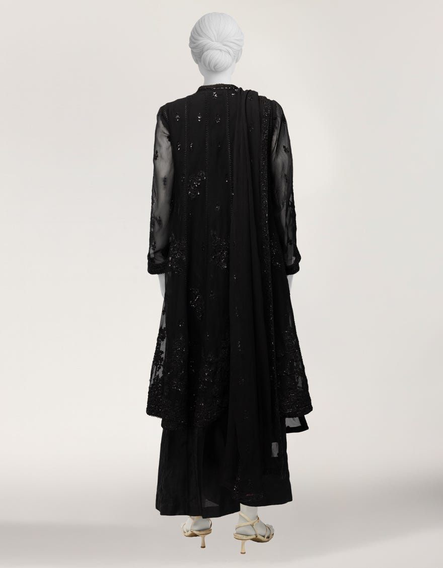 BLACK IMPURE CHIFFON EMBROIDERED STITCHED 3PC