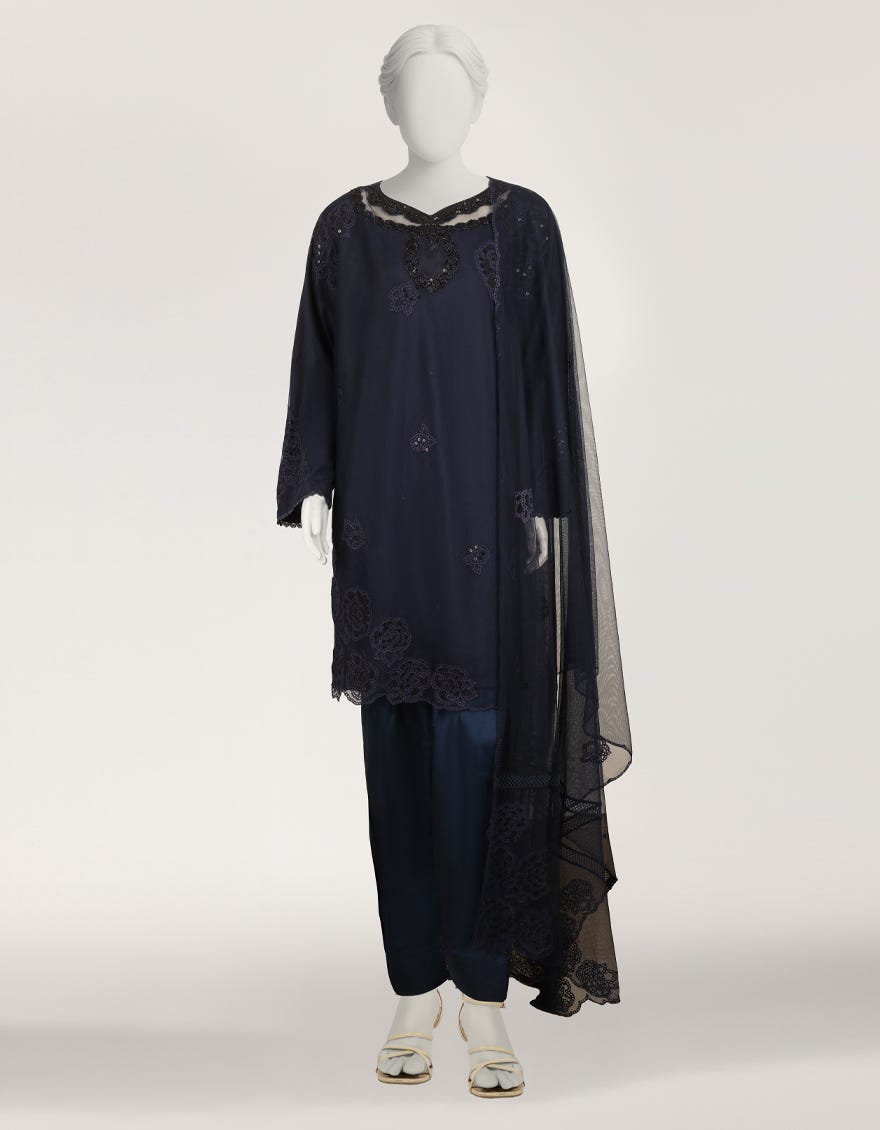 BLUE POLYNET EMBROIDERED STITCHED 3PC