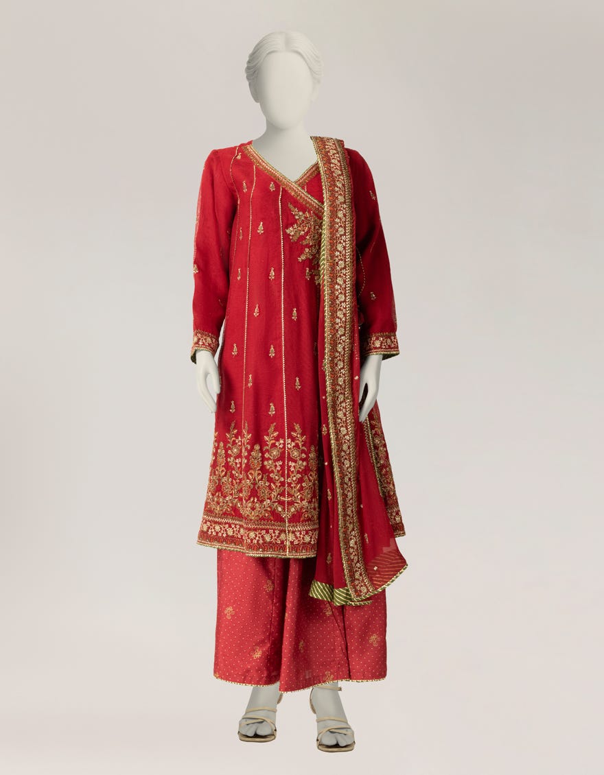 MAROON KHADDI EMBROIDERED STITCHED 3PC