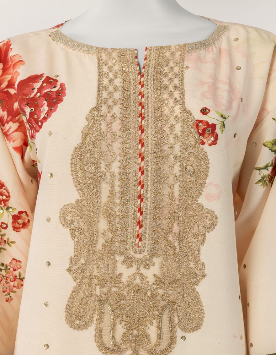 BEIGE RAW SILK EMBROIDERED FORMAL CO-ORD SET