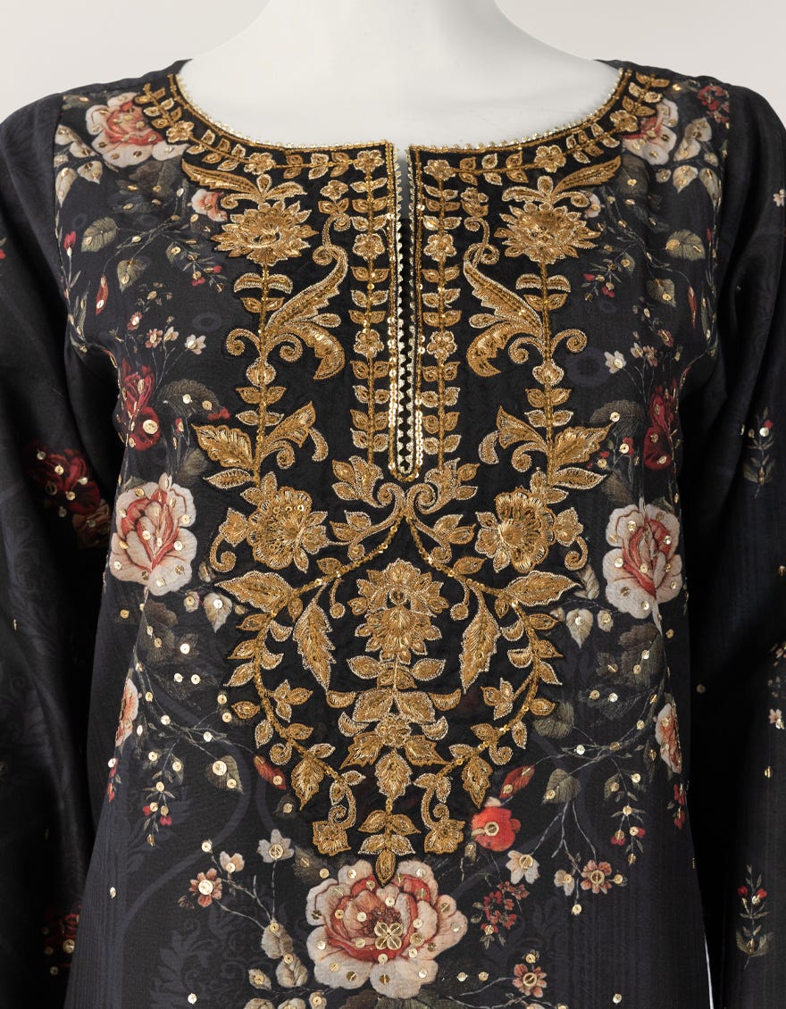 BLACK RAW SILK EMBROIDERED CO-ORD SET