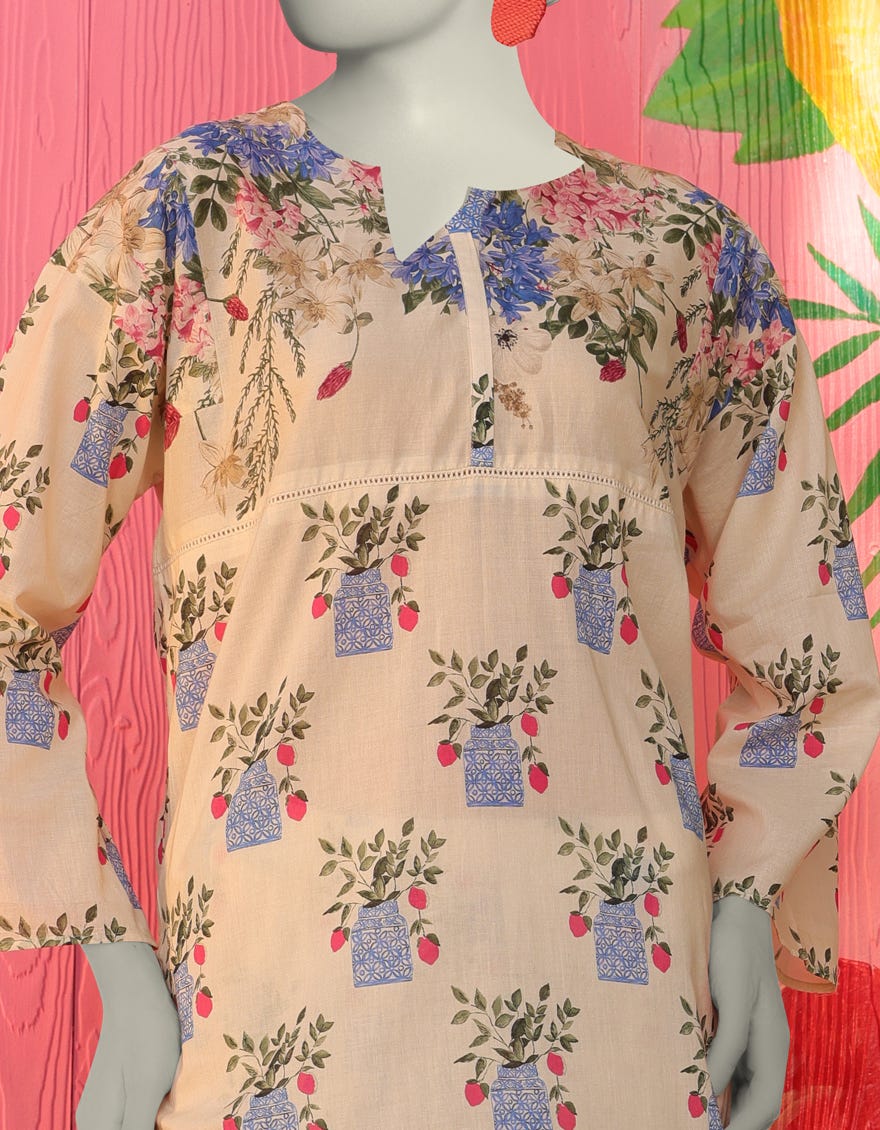 CREAM LAWN PRINTED KURTA