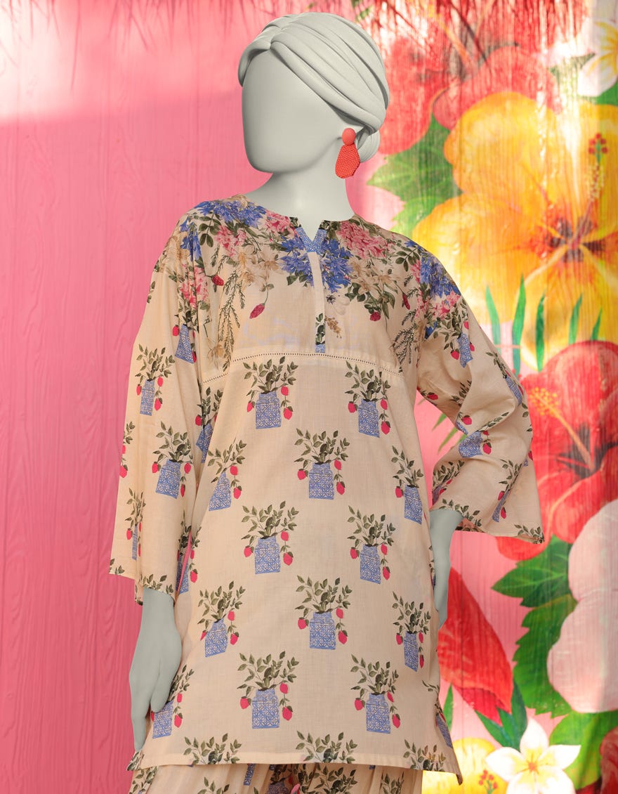 CREAM LAWN PRINTED KURTA