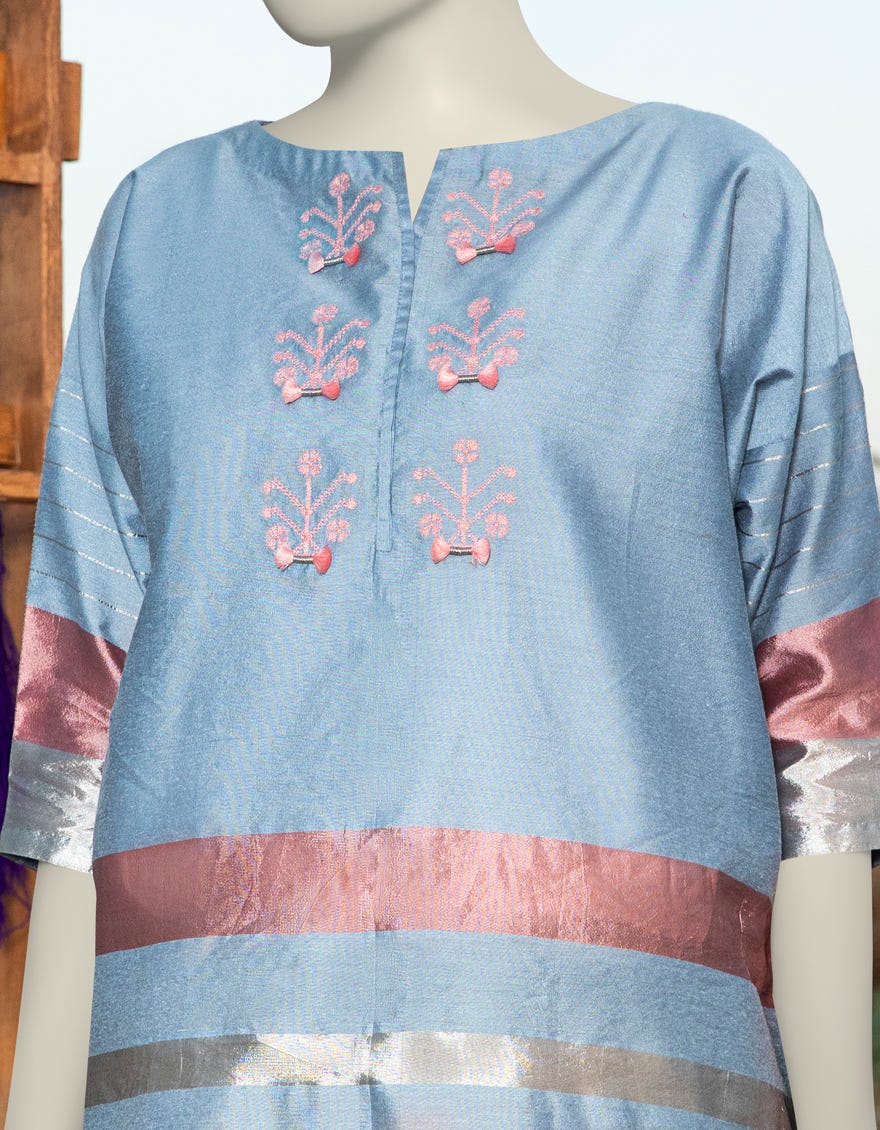 BLUE JACQUARD EMBROIDERED KURTA