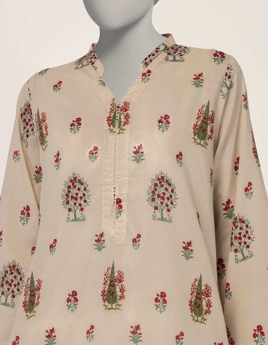 BEIGE LAWN EMBROIDERED KURTA