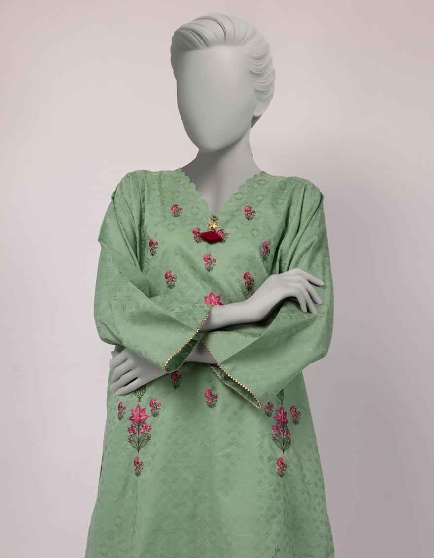 GREEN DOBBY EMBROIDERED KURTA