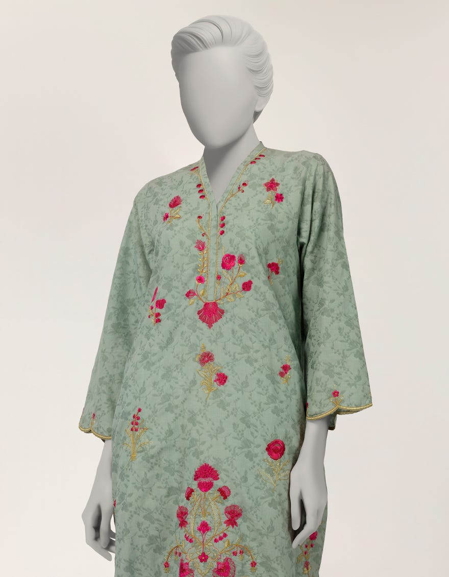 GREEN DOBBY EMBROIDERED KURTA