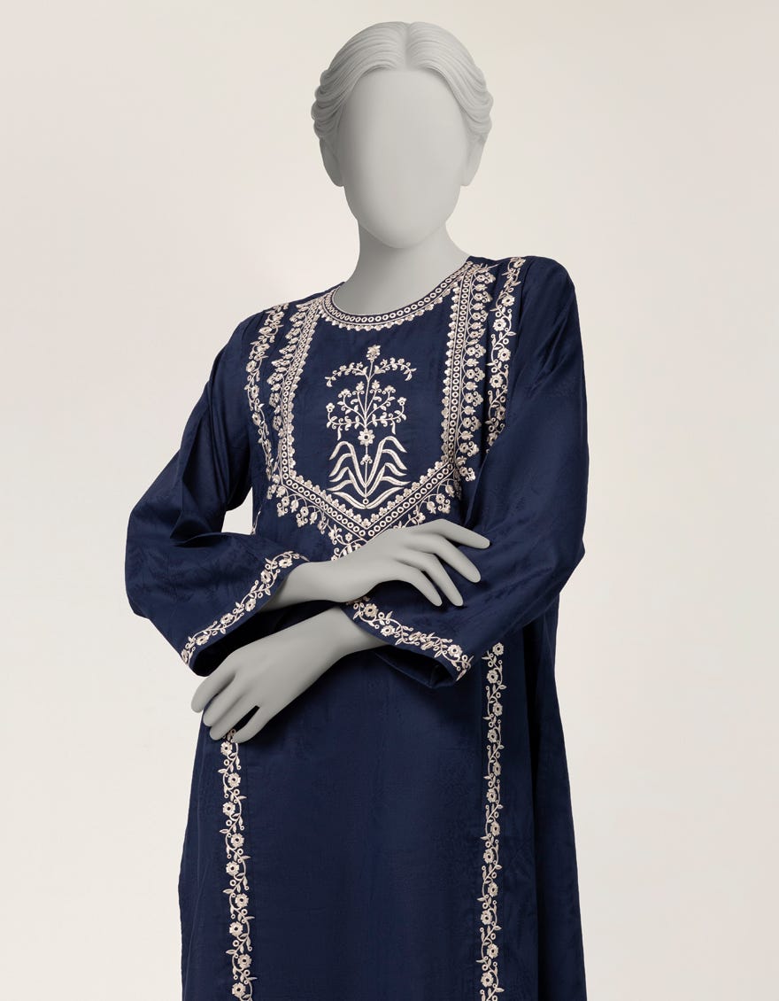 BLUE DOBBY EMBROIDERED KURTA
