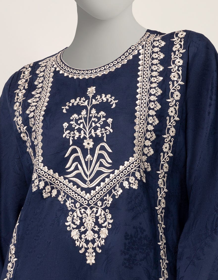 BLUE DOBBY EMBROIDERED KURTA