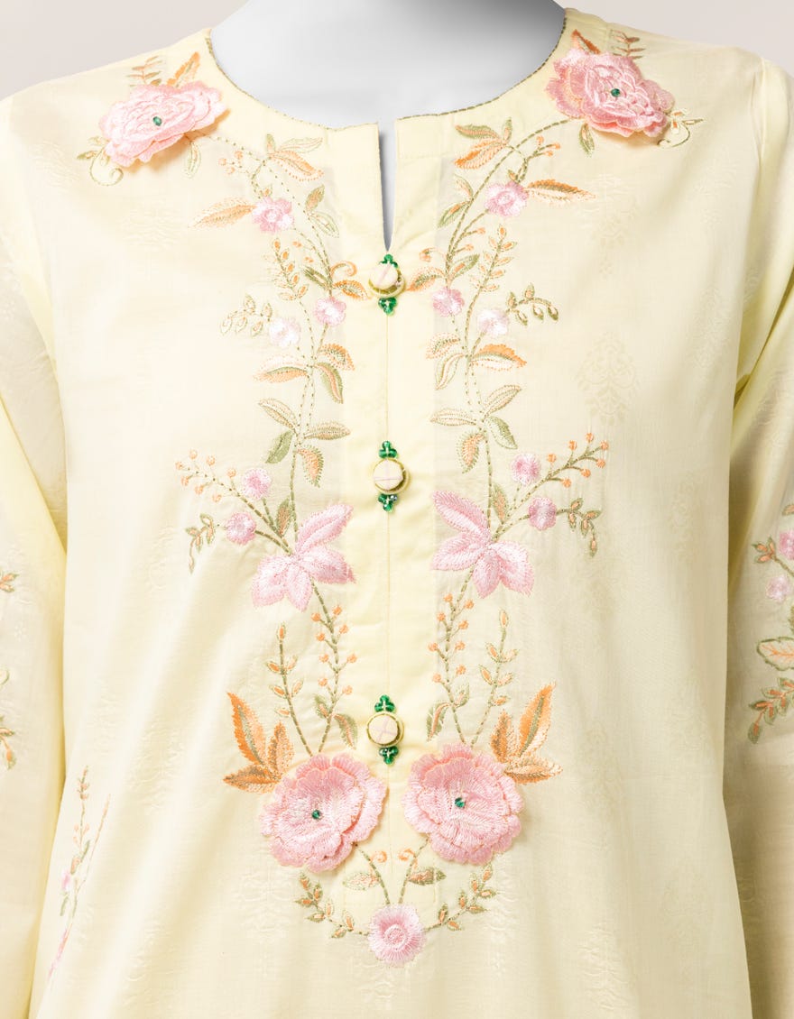 YELLOW DOBBY EMBROIDERED KURTA