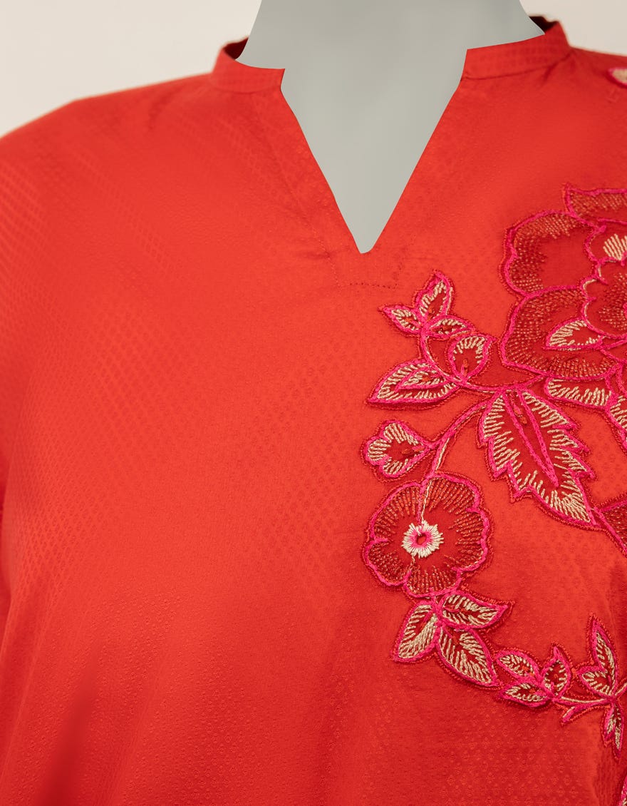 RED DOBBY EMBROIDERED KURTA
