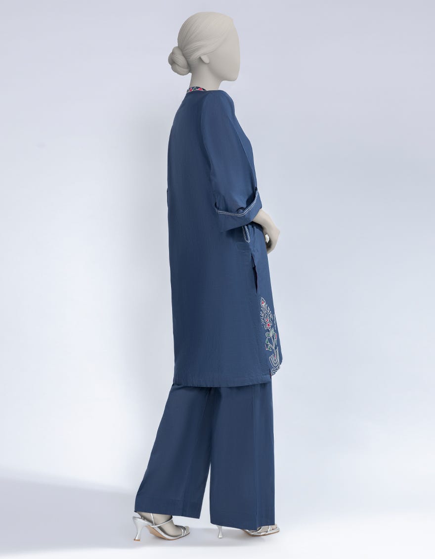 BLUE TEXTURED COTTON EMBROIDERED CO-ORD SET
