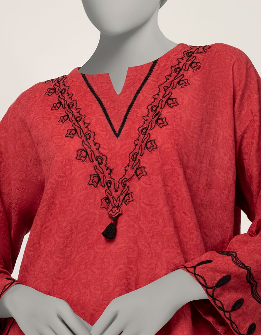 RED DOBBY EMBROIDERED CO-ORD SET