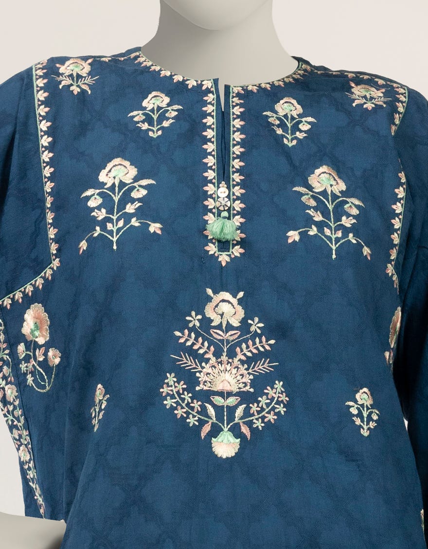 BLUE DOBBY EMBROIDERED CO-ORD SET