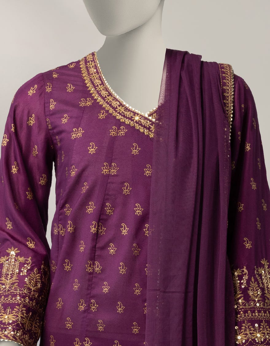 PURPLE SILK EMBROIDERED 3PC STITCHED