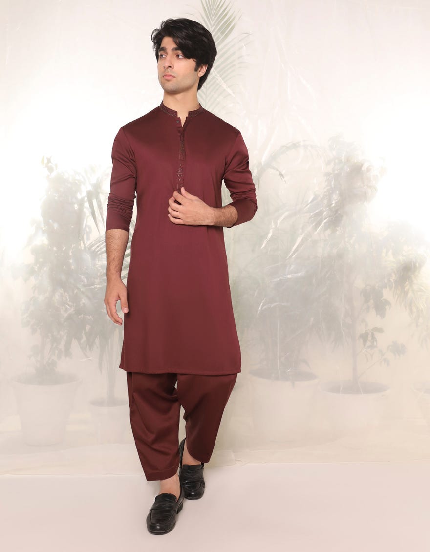 MAROON BLENDED KAMEEZ SHALWAR | JTKS-A-46378