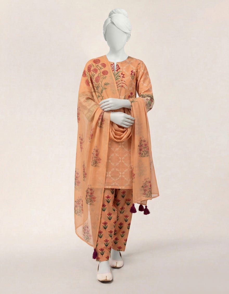PEACH LAWN PRINTED STITCHED 3PC