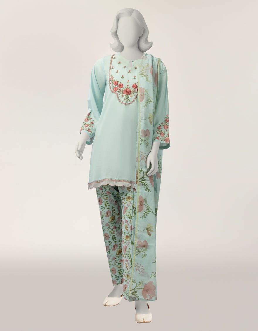 SKY BLUE LAWN EMBROIDERED STITCHED 3PC