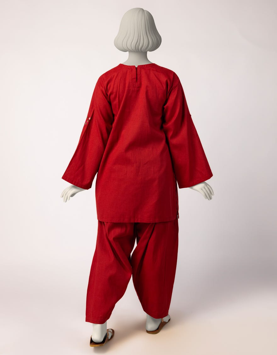 RED CAMBRIC EMBROIDERED 2PC STITCHED