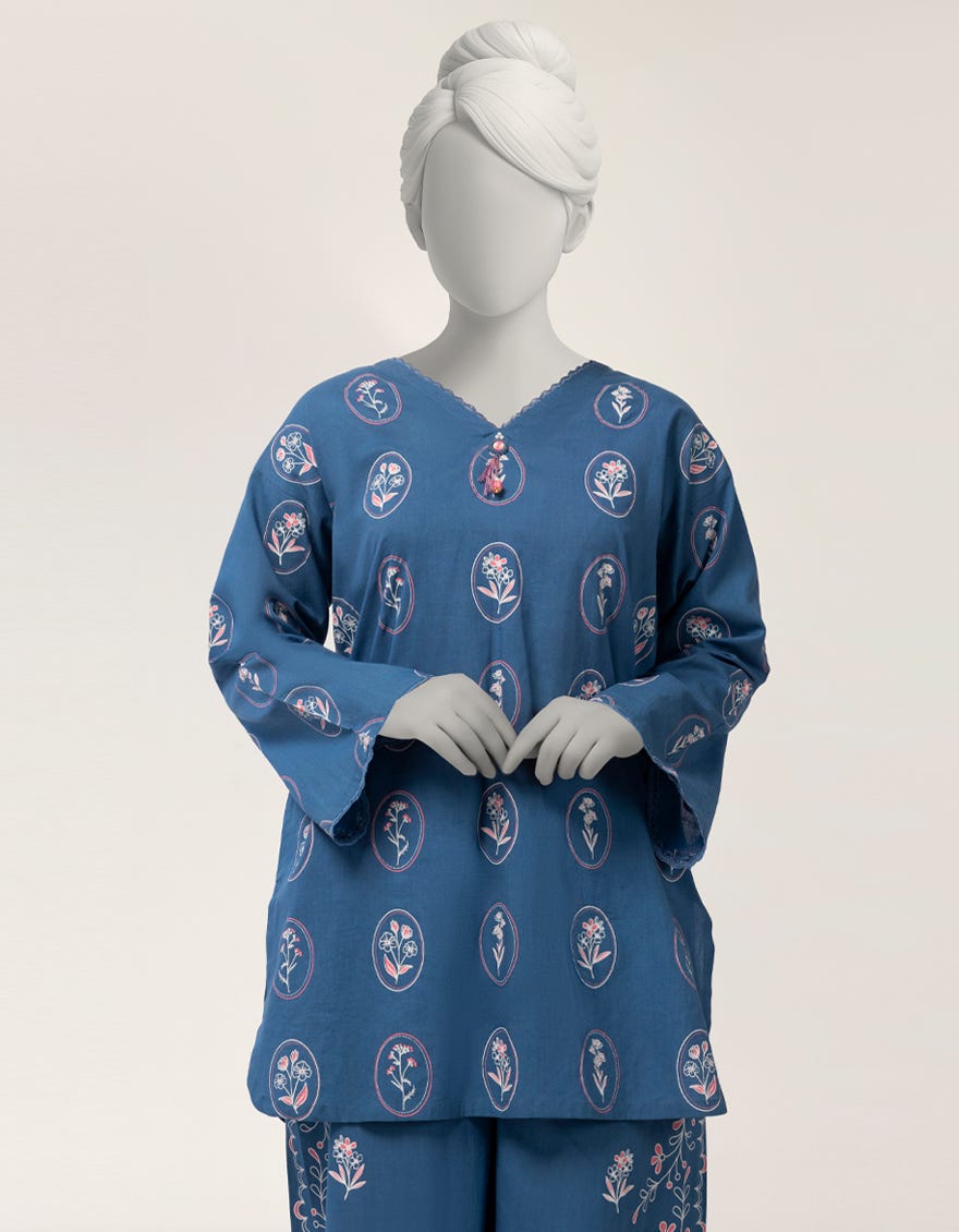 BLUE LAWN PRINTED 2PC STITCHED