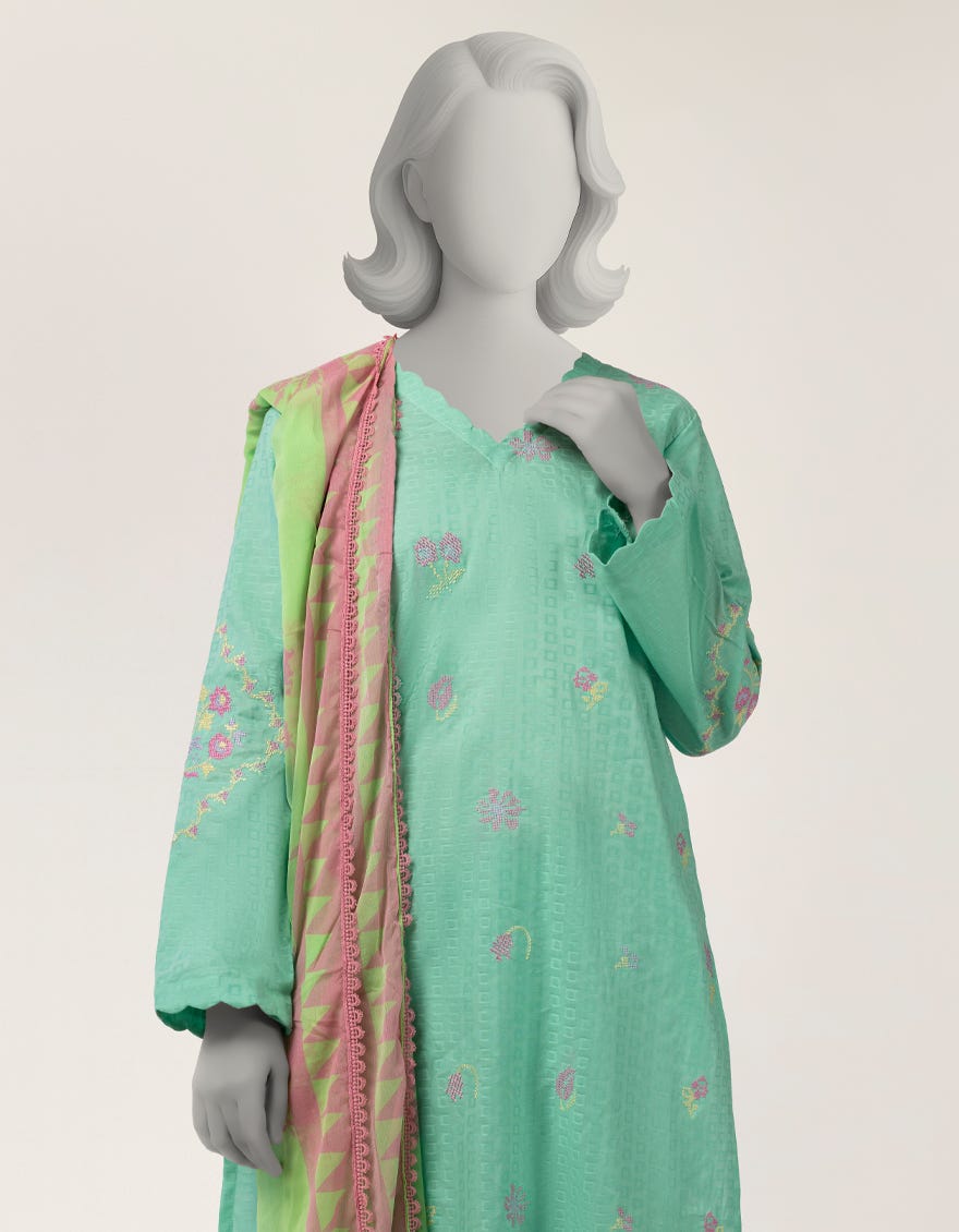 GREEN EMBROIDERED STITCHED 2PC