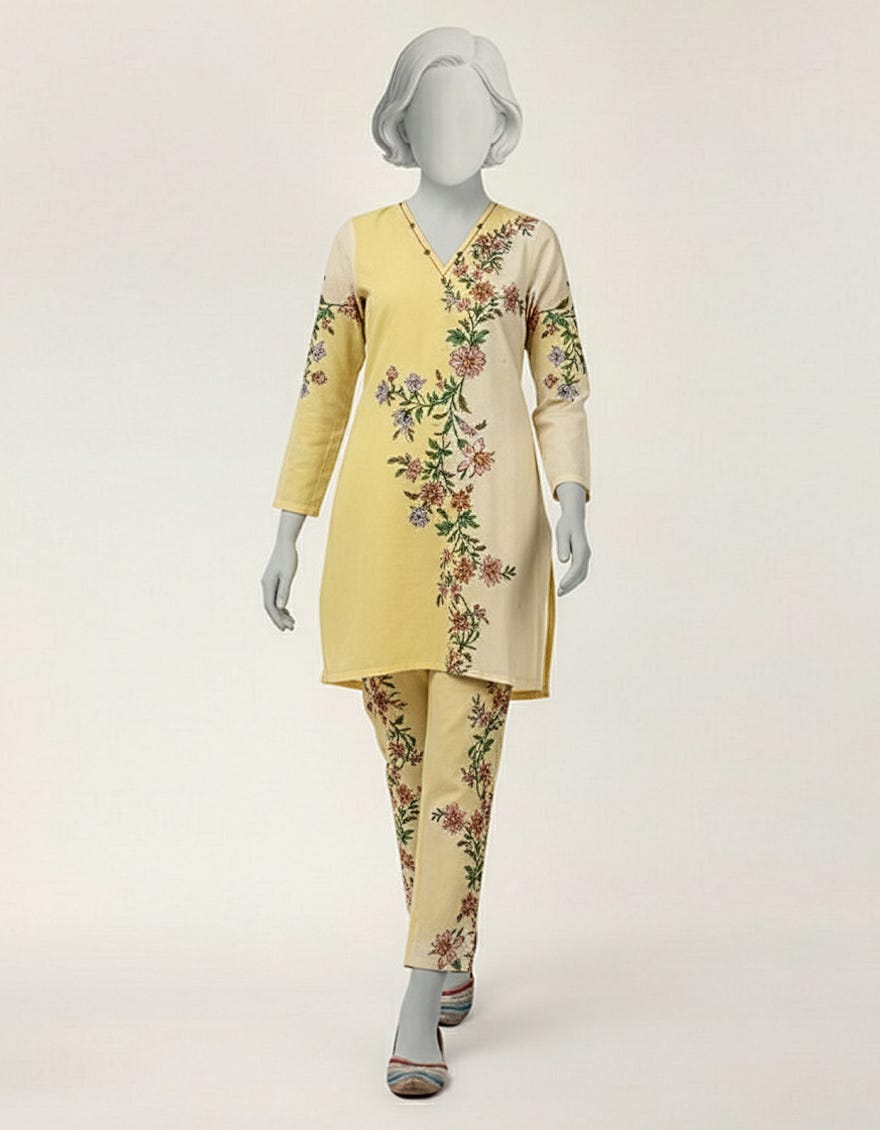 YELLOW LAWN PRINTED STITCHED 2PC