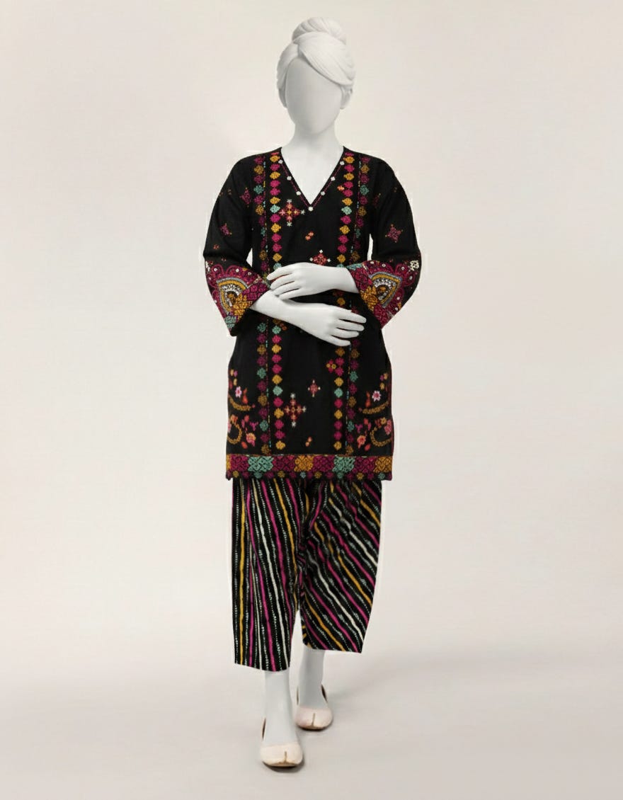 BLACK LAWN EMBROIDERED STITCHED 2PC