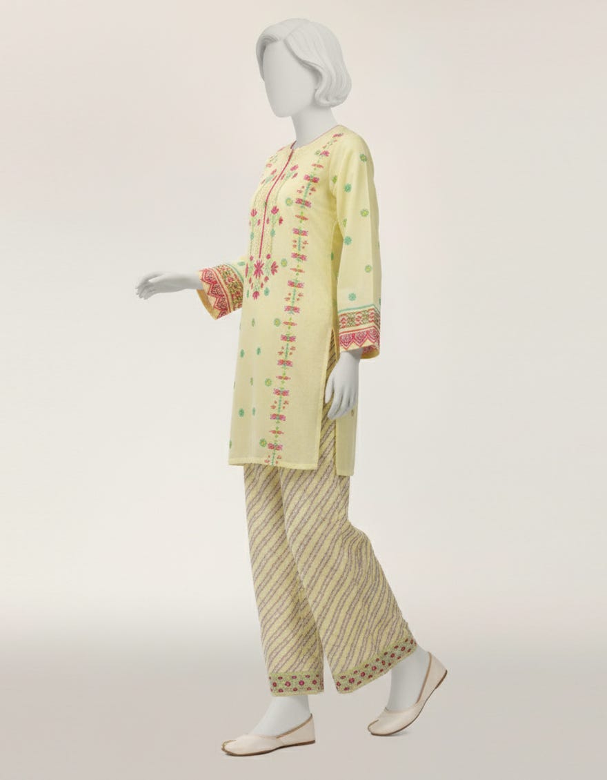 YELLOW LAWN EMBROIDERED STITCHED 2PC