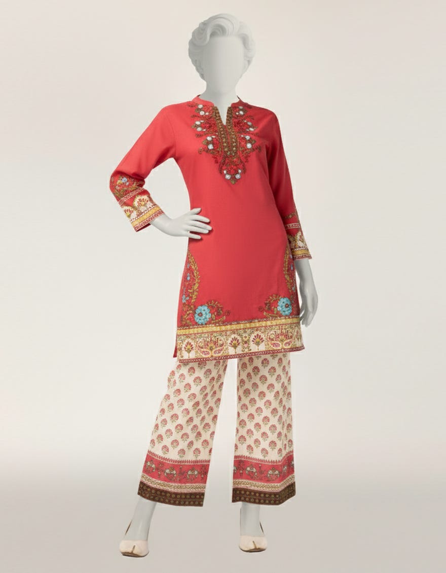 RED LAWN EMBROIDERED STITCHED 2PC