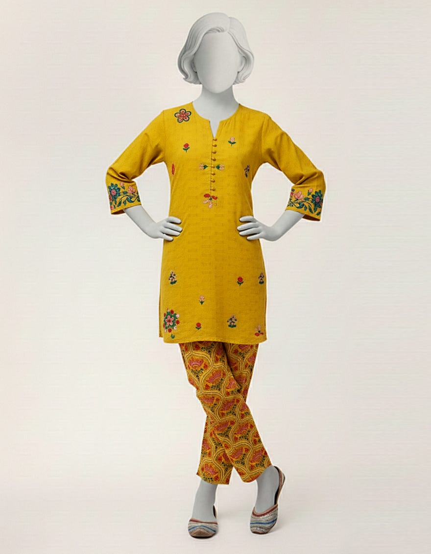 YELLOW LAWN EMBROIDERED STITCHED 2PC