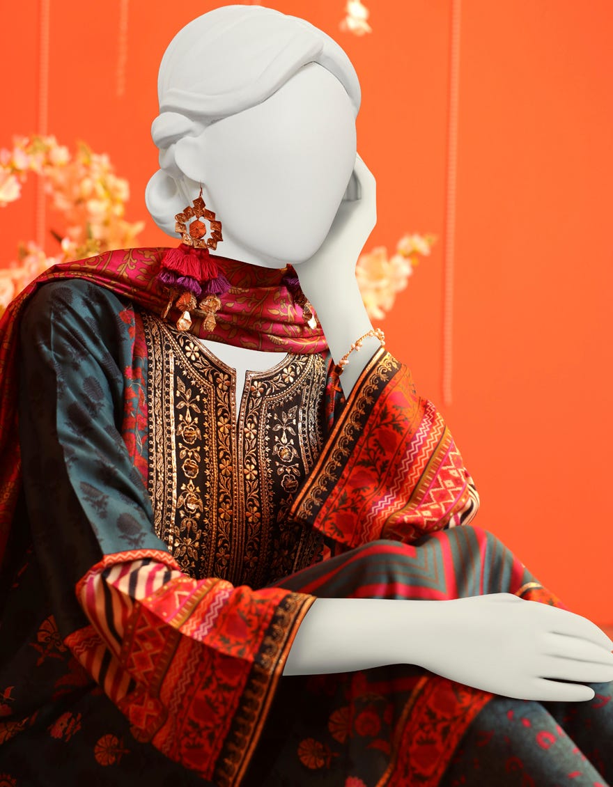 GREEN SILK 3PC STITCHED | JJPW-W-JW-23-1728