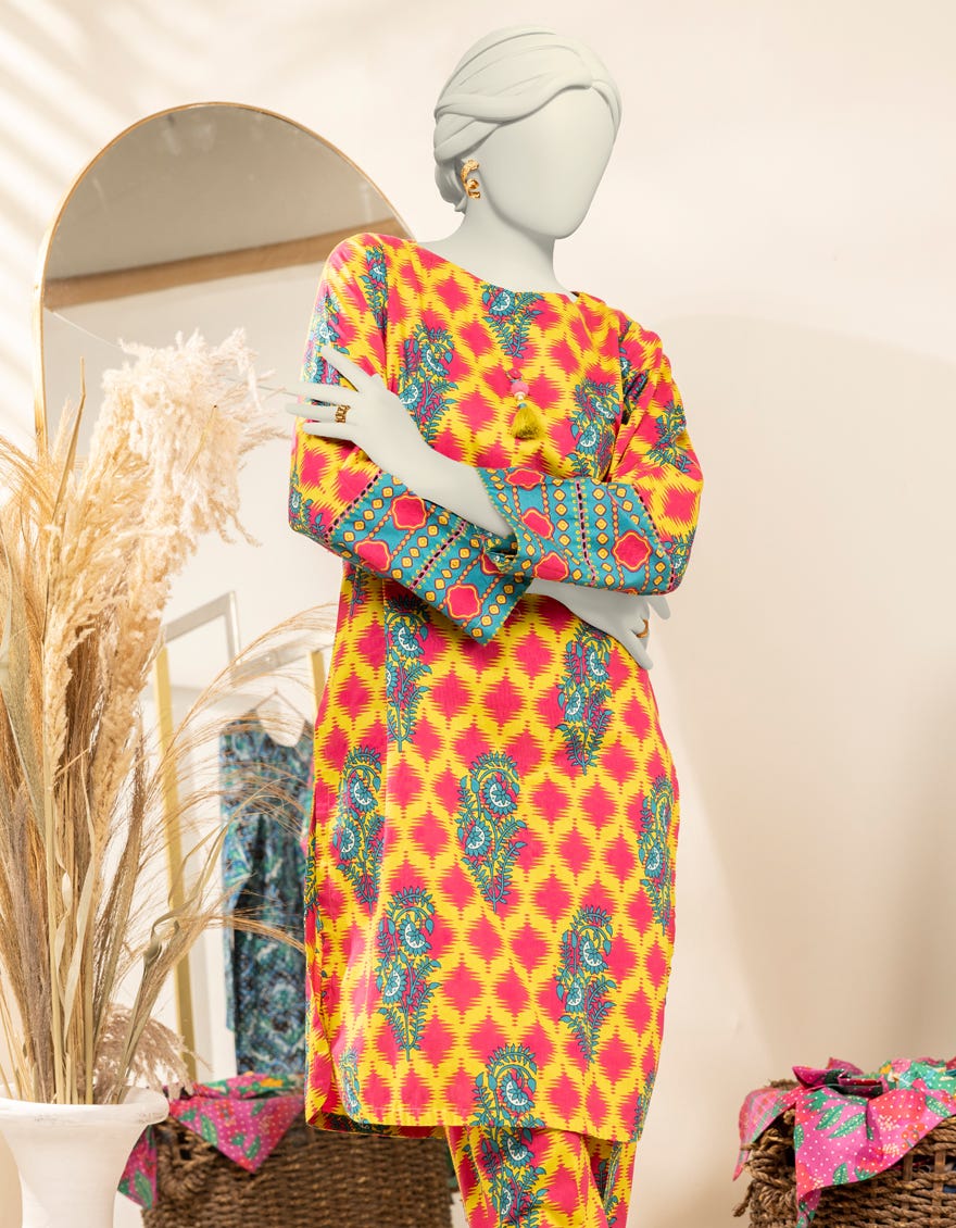 YELLOW CAMBRIC PRINTED KURTI