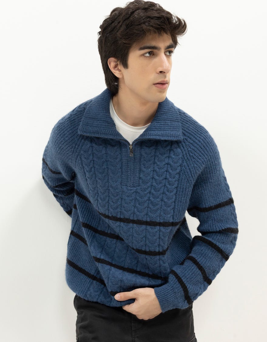 NEPTUNE D - INDIGO HALF-ZIP MOCK NECK SWEATER