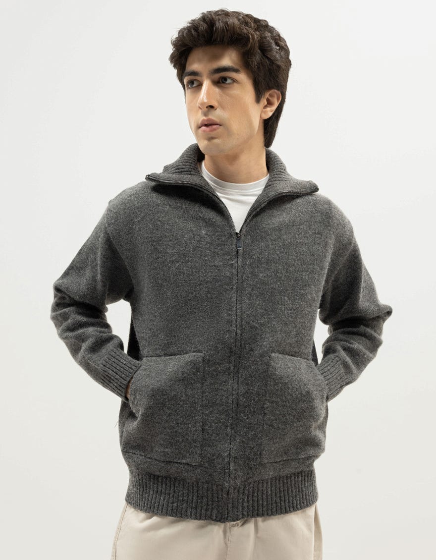 JUPITER B - HEATHER GREY ZIPDOWN COLLAR NECK CARDIGAN